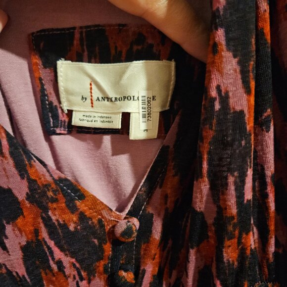 By Anthropologie V-Neck Printed Maxi Dress purple button front ruched size large - Picture 10 of 12